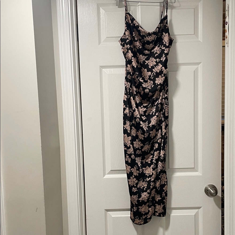 AKIRA Black and Pink Floral Midi Dress with Slit